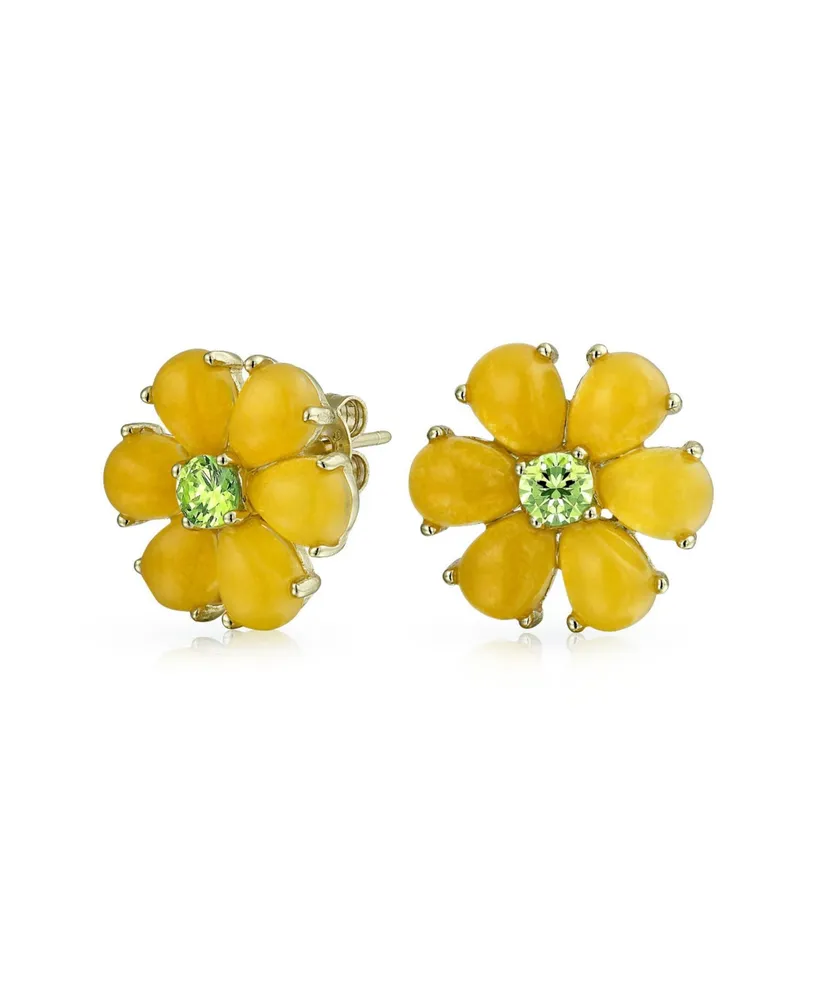 Bling Jewelry Lemon Yellow Dyed Quartz Garden Flower Stud Earrings: Button-Style with Green Cz Non-Pierced For Women - 14K Gold