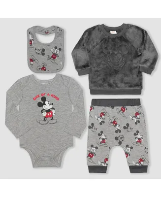 Disney Baby Boys Mickey Mouse Wubby Fleece Top, Pants, Bodysuit and Bib Set