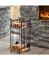 Outsunny 15" 2-Tier Firewood Log Rack with Tools, Fireplace Wood Storage Holder with Shovel, Broom, Poker, Tongs and Hooks, for Outdoor and Indoor Fir