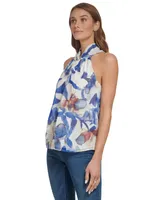 Dkny Petite Printed Sleeveless Halter-Neck Blouse