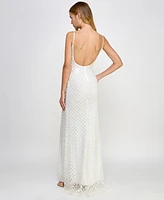 B Darlin Juniors' Glitter and Faux-Pearls Open-Back Gown