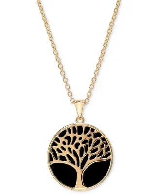 Onyx Tree & Flower Reversible 18" Pendant Necklace in 14k Gold-Plated Sterling Silver