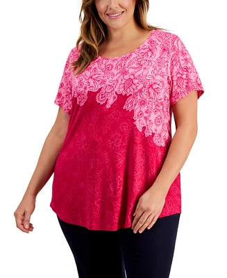 Jm Collection Plus Garden Etch Short-Sleeve Top, Created for Macy's