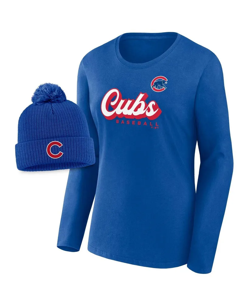 Women's Fanatics Royal Chicago Cubs Run The Bases Long Sleeve T-shirt and Cuffed Knit Hat with Pom Combo Set