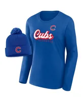 Women's Fanatics Royal Chicago Cubs Run The Bases Long Sleeve T-shirt and Cuffed Knit Hat with Pom Combo Set