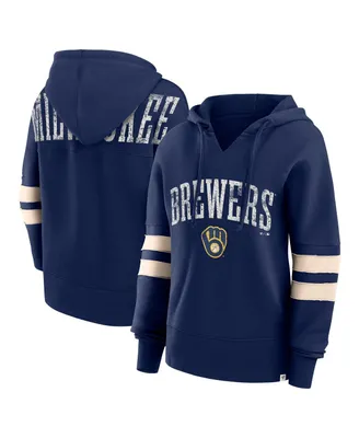 Women's Fanatics Navy Distressed Milwaukee Brewers Bold Move Notch Neck Pullover Hoodie
