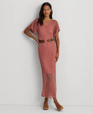 Lauren Ralph Lauren Women's Belted Linen-Blend Pointelle-Knit Dress