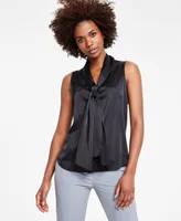 Bar Iii Women's Tie-Neck Sleeveless Satin Blouse, Created for Macy's