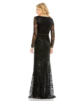 Mac Duggal Women's Embellished Wrap Over Long Sleeve Gown