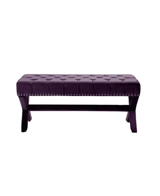 Inspired Home Bryoni Velvet Button Tufted Silver Nailhead Trim X-Leg Bench