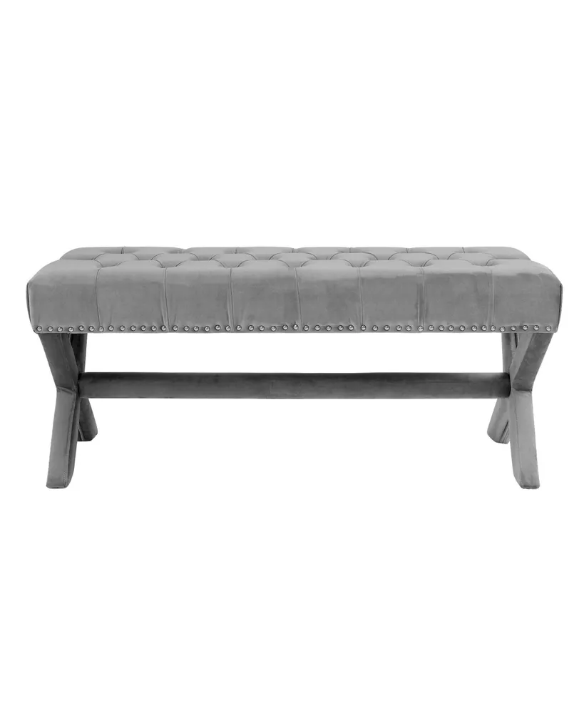 Inspired Home Bryoni Velvet Button Tufted Silver Nailhead Trim X-Leg Bench