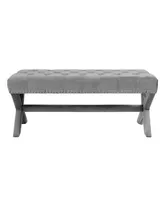 Inspired Home Bryoni Velvet Button Tufted Silver Nailhead Trim X-Leg Bench