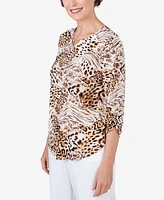 Alfred Dunner Petite Classic Puff Print Mixed Animal Print Split Neck Top