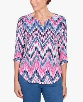 Alfred Dunner Petite Classic Puff Print Ikat Chevron Split Neck Top