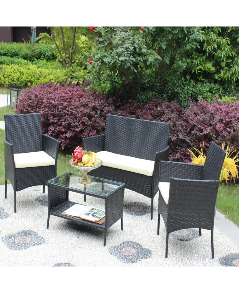 4 Piece Rattan Patio Furniture Set Outdoor Patio Cushioned Seat Wicker Sofa (Cushion)