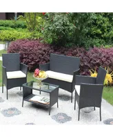 4 Piece Rattan Patio Furniture Set Outdoor Patio Cushioned Seat Wicker Sofa (Cushion)