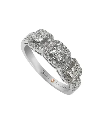 Suzy Levian Sterling Silver White Cubic Zirconia 3-Stone Ascher-Cut Band Ring