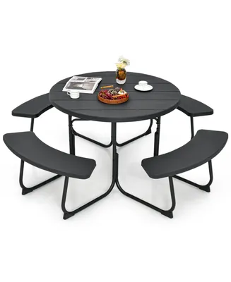 Outdoor 8-person Round Picnic Table Bench Set with 4 Benches & Umbrella Hole