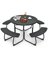 Outdoor 8-person Round Picnic Table Bench Set with 4 Benches & Umbrella Hole