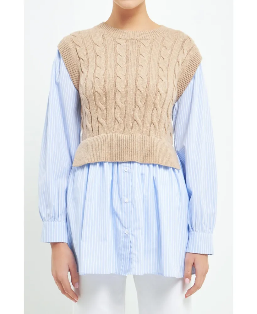 Women's Cable Knit Long Striped Sweater Shirt