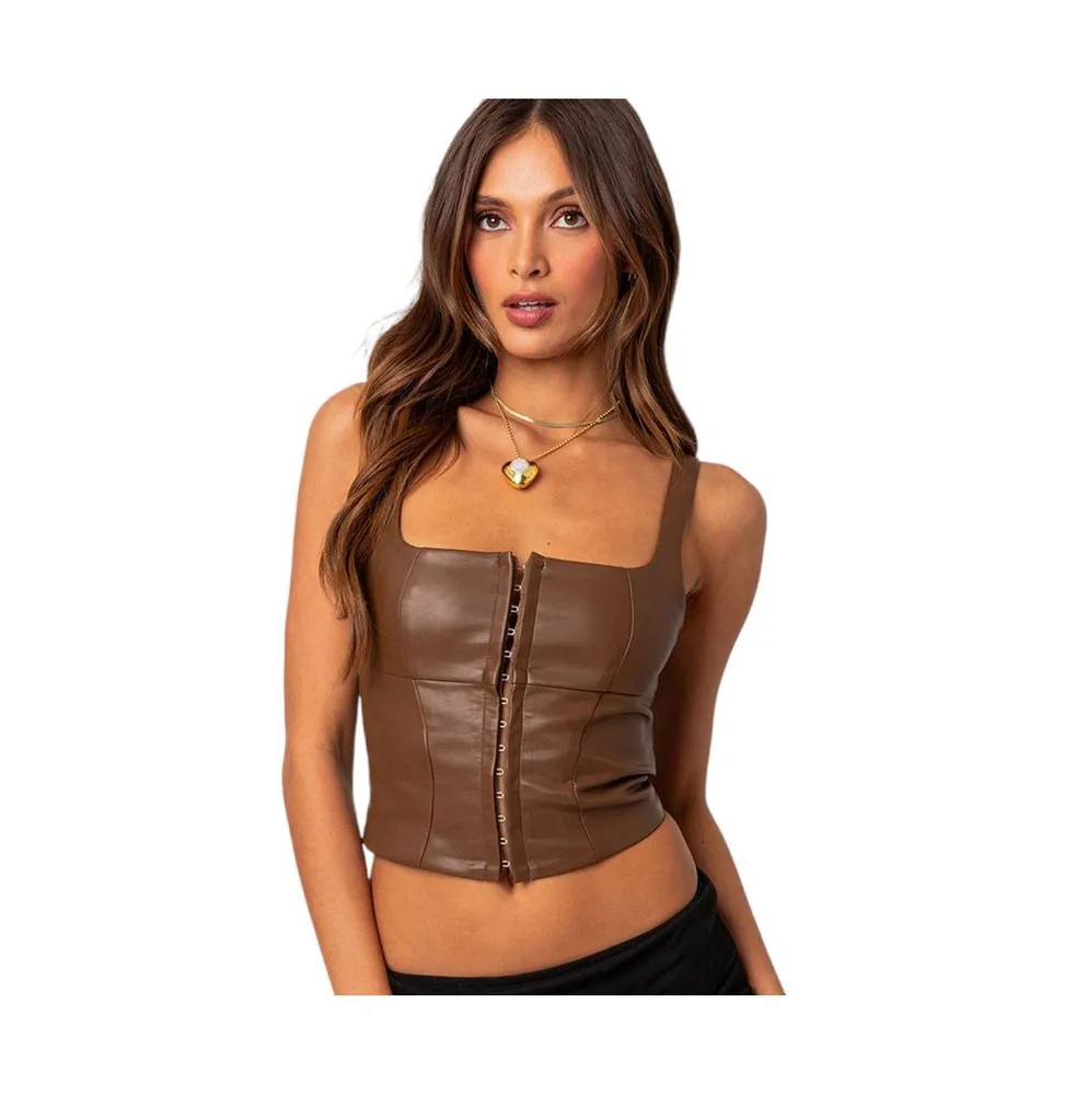 Ezra Faux Leather Corset Crop Top - Dark brown / XS