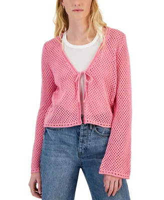 Hooked Up by Iot Juniors' Pointelle Tie-Front Cardigan