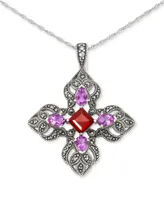 Amethyst (1-1/3 ct. t.w.), Garnet (1-5/8 ct. t.w.), & Marcasite (5/8 ct. t.w.) Filigree Cross 18" Pendant Necklace in Sterling Silver - Multi