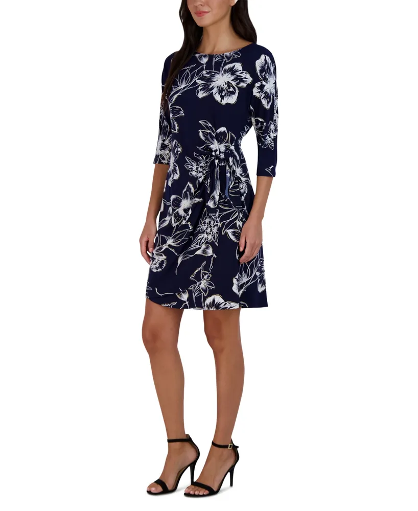 Robbie Bee Petite Floral Side-Tie 3/4-Sleeve Dress