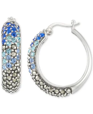 Marcasite (3/4 ct. t.w.) & Aqua Crystal Oval Hoop Earrings in Sterling Silver