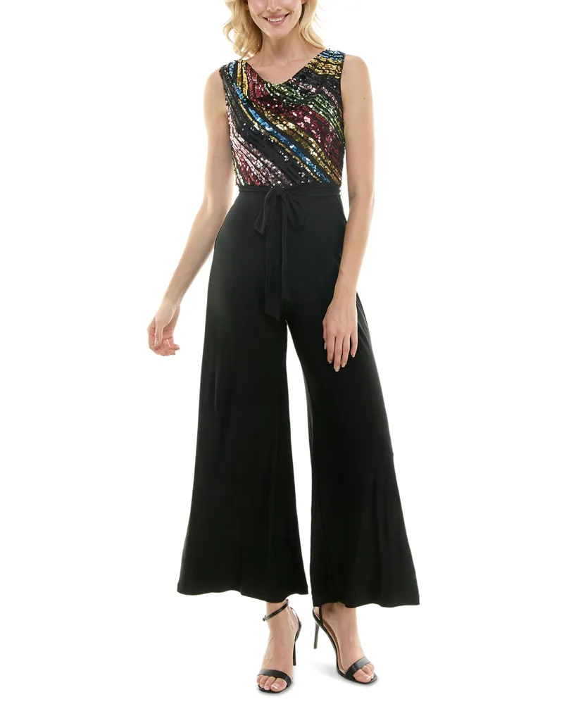 Maison Tara Women's Cowlneck Sequin Bodice Jumpsuit