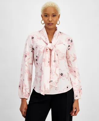 Bar Iii Women's Floral-Print Bow Blouse, Created for Macy's