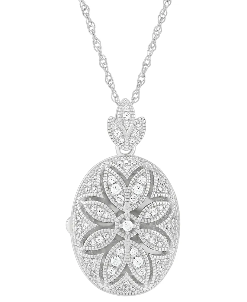 Cubic Zirconia Oval Floral Locket Pendant Necklace in Sterling Silver