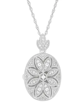 Cubic Zirconia Oval Floral Locket Pendant Necklace in Sterling Silver