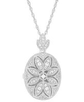 Cubic Zirconia Oval Floral Locket Pendant Necklace in Sterling Silver