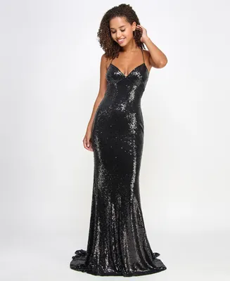 B Darlin Juniors' Sequined Strappy-Back Evening Gown