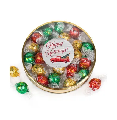 Christmas Candy Gift Tin with Chocolate Lindor Truffles by Lindt Large Plastic Tin with Sticker By Just Candy - Vintage-like Red Truck - Assorted pre