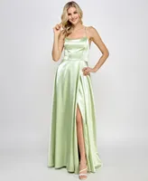 Speechless Juniors' Satin Front-Slit Lace-Up Gown, Created for Macy's