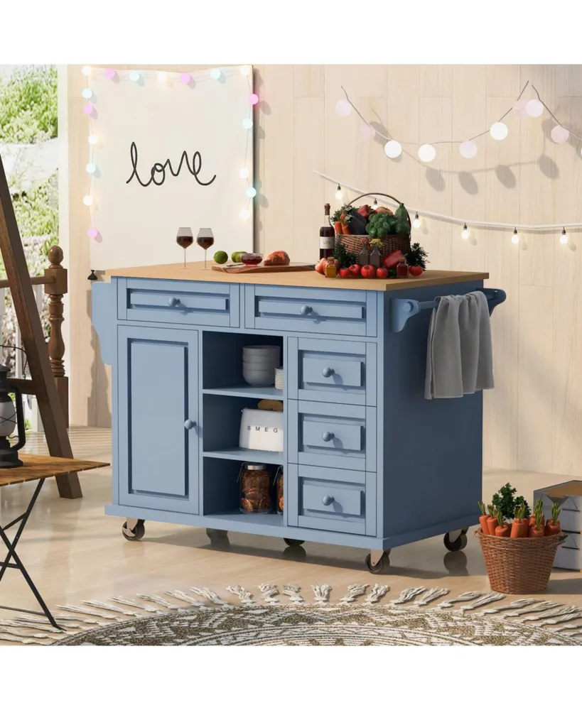 Simplie Fun Rolling kitchen island with rubber wood top and 5 draws - 53 inch (Blue)