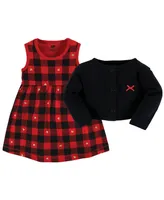 Hudson Baby Girls Cotton Dress and Cardigan Set, Gold Heart Buffalo Plaid, 18-24 Months