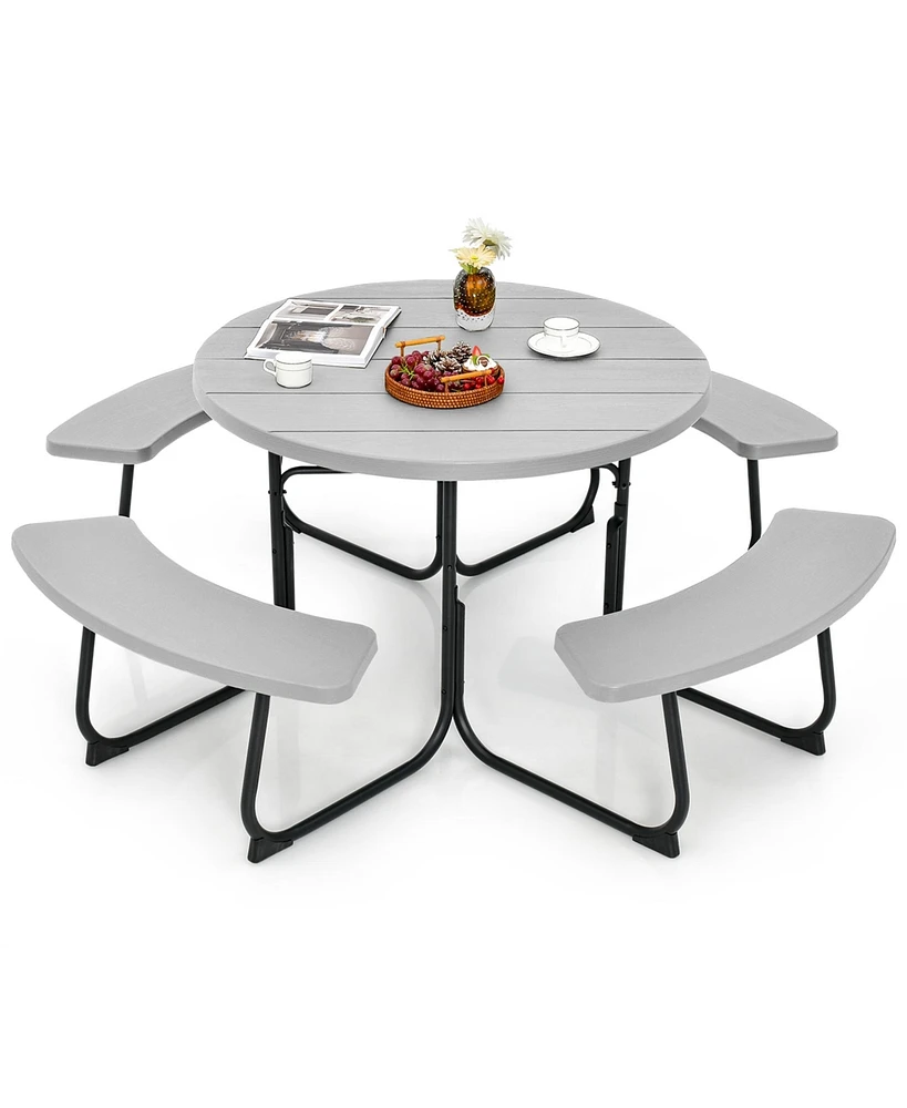 Outdoor 8-person Round Picnic Table Bench Set with 4 Benches & Umbrella Hole