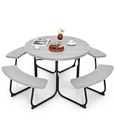 Outdoor 8-person Round Picnic Table Bench Set with 4 Benches & Umbrella Hole