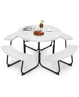 Outdoor 8-person Round Picnic Table Bench Set with 4 Benches & Umbrella Hole
