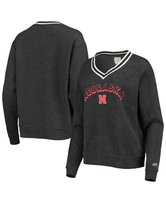 Women's League Collegiate Wear Heathered Black Nebraska Huskers Victory Springs Tri-Blend V-Neck Pullover Sweatshirt