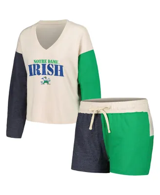 Women's Wes & Willy Cream Distressed Notre Dame Fighting Irish Colorblock Tri-Blend Long Sleeve V-Neck T-shirt and Shorts Sleep Set