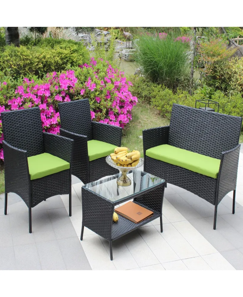 Simplie Fun 4 Piece Rattan Patio Furniture Set Outdoor Patio Cushioned Seat Wicker Sofa (Green Cushion)