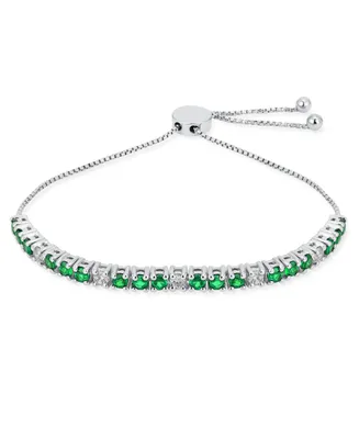 Gemstones 2.2 Ctw White Zircon Alternating Created Green Emerald Bolo Tennis Bracelet for Women Adjustable 7-8 Inch .925 Sterling Silver