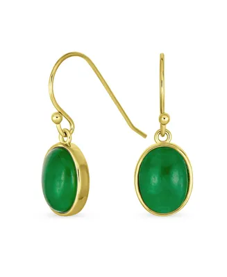 Classic Elegant Green Jade Bezel Set Oval Cabochon Gemstone Drop Earrings For Women Gold Plated .925 Sterling Silver Wire Fish Hook