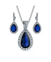 Bling Jewelry Classic Pear Shape Solitaire Teardrop Halo Cz Royal Blue Pendant Necklace Matching Drop Earrings Jewelry Set Rhodium Plated