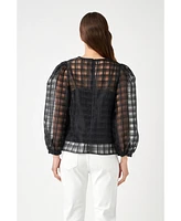 Women's Plaid Organza Long Sleeve Top