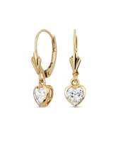 Petite Delicate Romantic Real 14K Yellow Gold Cz Bezel Set Genuine Gemstone Created White Sapphire Heart Dangle Earrings For Women Girlfriend Lever Ba